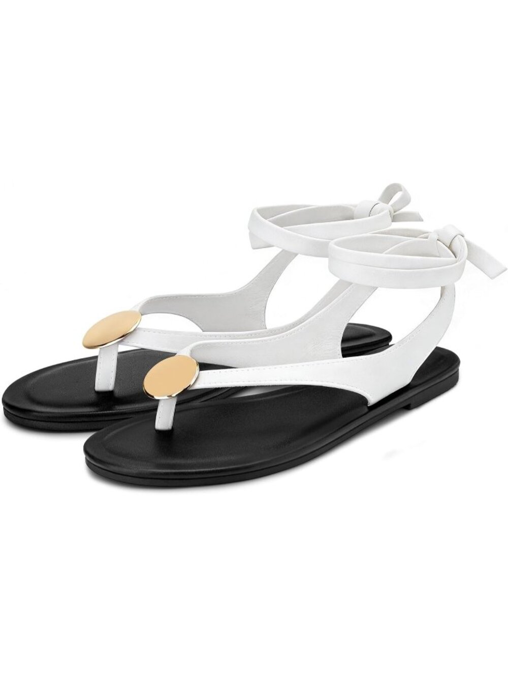 Women's White Flat Metallic Accents Strappy Flip Flops Dressy Slides Sandals